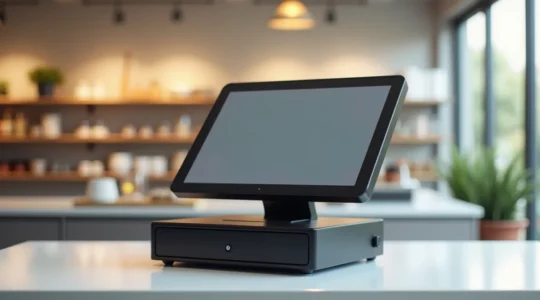 Photographie réaliste d'une caisse enregistreuse moderne tactile dans un commerce propre et bien éclairé, avec un fond épuré et de l'espace négatif autour