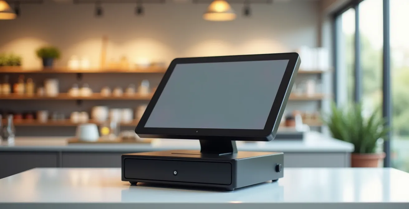 Photographie réaliste d'une caisse enregistreuse moderne tactile dans un commerce propre et bien éclairé, avec un fond épuré et de l'espace négatif autour