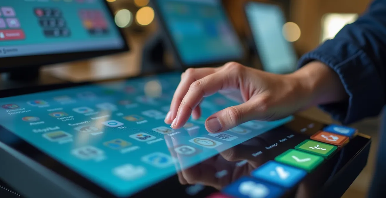 Détail macro d'une main ajustant un terminal tactile moderne avec arrière-plan flou de matériel informatique évolutif
