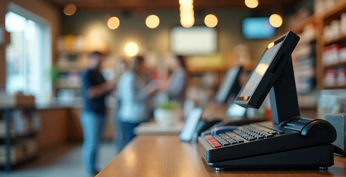 Vue environnementale minimaliste d’un comptoir de magasin équipé d’une caisse enregistreuse avec accessoires comme scanner et terminal de paiement